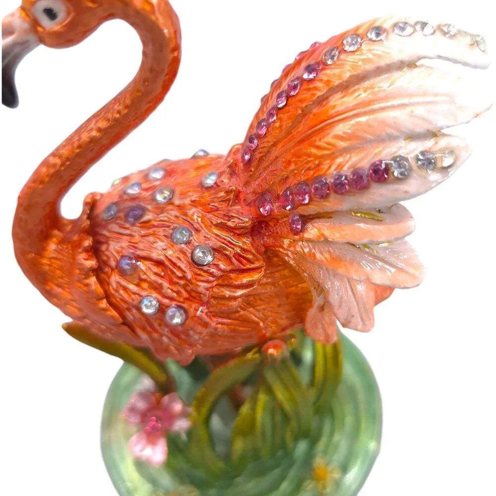 Pink Flamingo Jewelry Trinket Box Hinged Magnetic Clasp Enamel Crystal Jewels 4" - Picture 10 of 15
